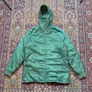 VTG 60s Green Quilted Lined Hooded Rain Jacket Talon Ring Chain Zip‎ Parka L USA